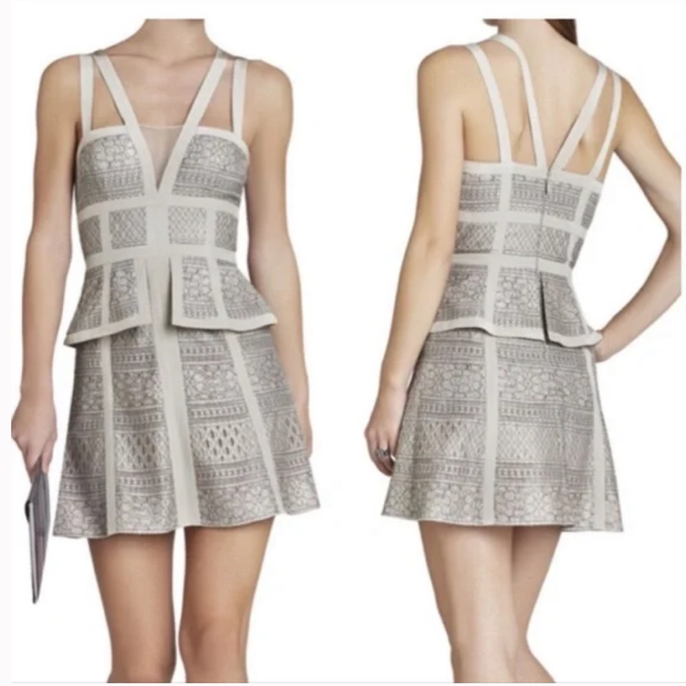 Vintage BCBG Max Azria Tan/Beige Sophie Lace Peplum Cocktail Dress Size 0/XS